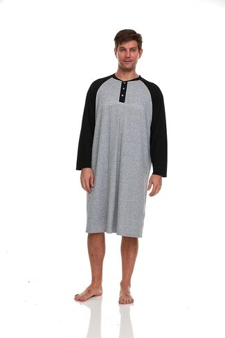 Mens Nightshirt - Long Sleeve Lounge, Sleep Henley Shirt Pajama - Mens Nightgown/Big Sleeping Top, Black in Saudi Arabia