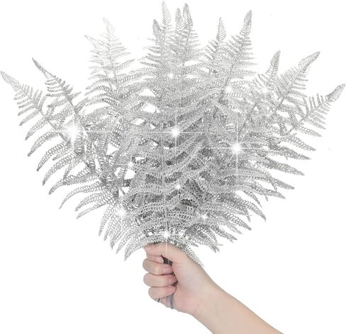 Yunsailing 20 Pcs Christmas Glitter Leaves Artificial Flashing Leaves Tropical Leaf Wedding Pick Flower Arrangement Wreaths DIY Hanging Ornament for Wedding Party Decoration(Silver, 20 Pcs) in Saudi Arabia