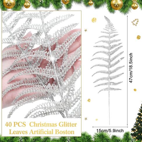 Yunsailing 20 Pcs Christmas Glitter Leaves Artificial Flashing Leaves Tropical Leaf Wedding Pick Flower Arrangement Wreaths DIY Hanging Ornament for Wedding Party Decoration(Silver, 20 Pcs) in Saudi Arabia