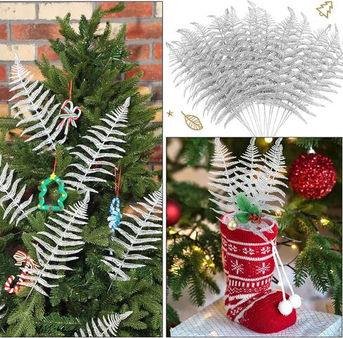 Yunsailing 20 Pcs Christmas Glitter Leaves Artificial Flashing Leaves Tropical Leaf Wedding Pick Flower Arrangement Wreaths DIY Hanging Ornament for Wedding Party Decoration(Silver, 20 Pcs) in Saudi Arabia