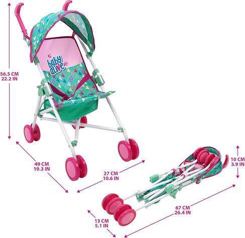 عربة دمى من بيبي الايف - زهري وقوس قزح - تناسب الدمى حتى 24 انش، مظلة قابلة للسحب، حزام امان لدمية الطفل، مقبض وعجلات بلونين، سلة تخزين، للاطفال من سن 3 سنوات فما فوق in Kuwait