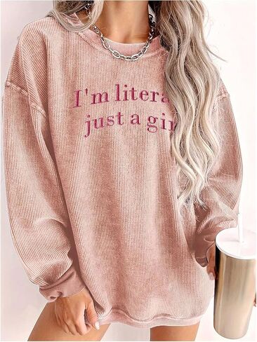 Women's Plus Size Embroidery Graphic Corduroy Sweatshirts Long Sleeve Drop Shoulder Crewneck Pullovers in Saudi Arabia