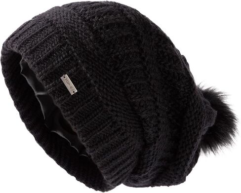 TOP-EX 100% Merino Wool Winter Slouchy Beanie for Women with Faux Fur Pom - Satin or Fleece Lined Hats for Cold Weather in Kuwait