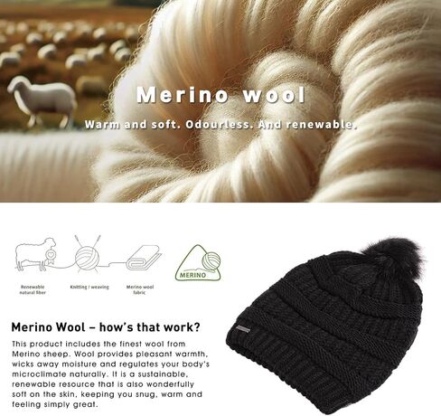TOP-EX 100% Merino Wool Winter Slouchy Beanie for Women with Faux Fur Pom - Satin or Fleece Lined Hats for Cold Weather in Kuwait