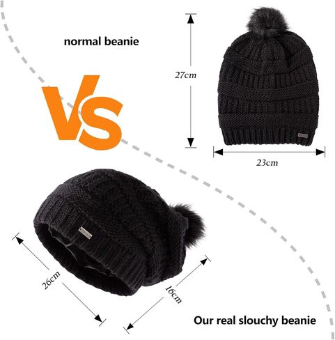 TOP-EX 100% Merino Wool Winter Slouchy Beanie for Women with Faux Fur Pom - Satin or Fleece Lined Hats for Cold Weather in Kuwait