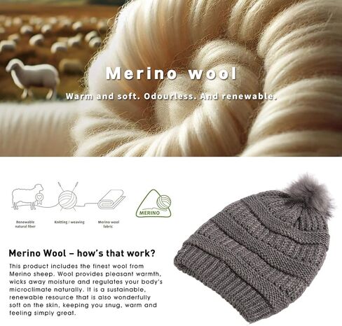TOP-EX 100% Merino Wool Winter Slouchy Beanie for Women with Faux Fur Pom - Satin or Fleece Lined Hats for Cold Weather in Kuwait