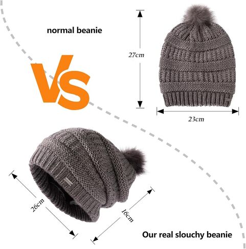 TOP-EX 100% Merino Wool Winter Slouchy Beanie for Women with Faux Fur Pom - Satin or Fleece Lined Hats for Cold Weather in Kuwait