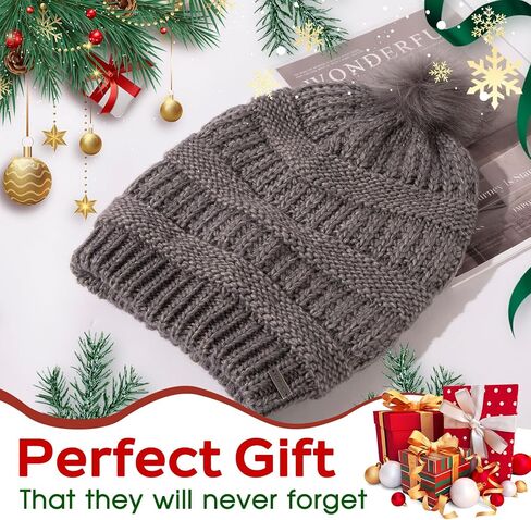 TOP-EX 100% Merino Wool Winter Slouchy Beanie for Women with Faux Fur Pom - Satin or Fleece Lined Hats for Cold Weather in Kuwait