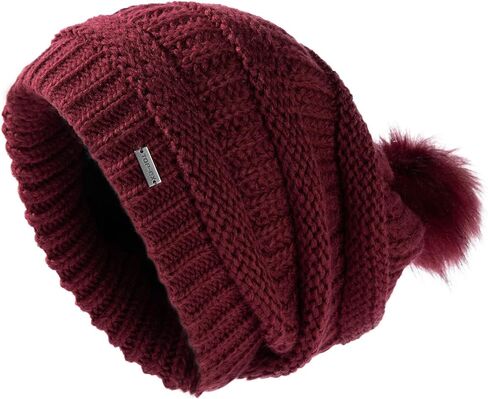 TOP-EX 100% Merino Wool Winter Slouchy Beanie for Women with Faux Fur Pom - Satin or Fleece Lined Hats for Cold Weather in Kuwait