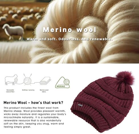 TOP-EX 100% Merino Wool Winter Slouchy Beanie for Women with Faux Fur Pom - Satin or Fleece Lined Hats for Cold Weather in Kuwait