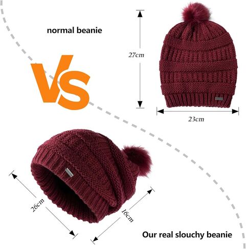 TOP-EX 100% Merino Wool Winter Slouchy Beanie for Women with Faux Fur Pom - Satin or Fleece Lined Hats for Cold Weather in Kuwait