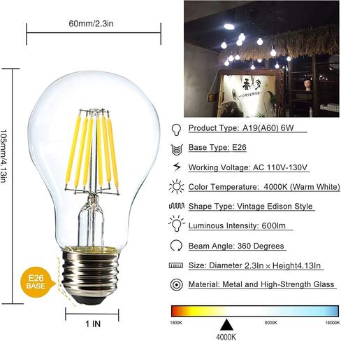 Dimmable 6W Vintage LED Edison Bulb 4000K Daylight White A19 /A60 LED Light Bulbs 600LM Led Filament Bulb 60W Equivalent E26 Medium Base Clear Glass , 6 Pack in Kuwait
