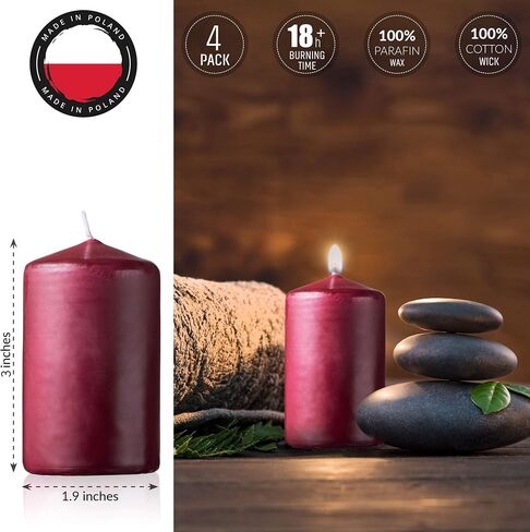 شموع عمودية حمراء من SPAAS - عبوة من 4 قطع | شموع عمودية صغيرة مقاس 2 × 3 بوصات لديكور المنزل، وتزيين المطبخ، والمدفأة، وجمالية الزفاف، والقطعة المركزية | شموع عمودية مزخرفة غير معطرة in Kuwait
