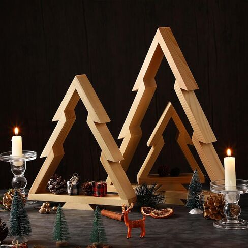 3 PCS Wooden Christmas Tree Tabletop Centerpieces Decor Christmas Natural Wood Frame Tiered Tray Mantle Shelf Wooden Cut out Standing Decoration Xmas Farmhouse Rustic Countryside(Tree) in Saudi Arabia
