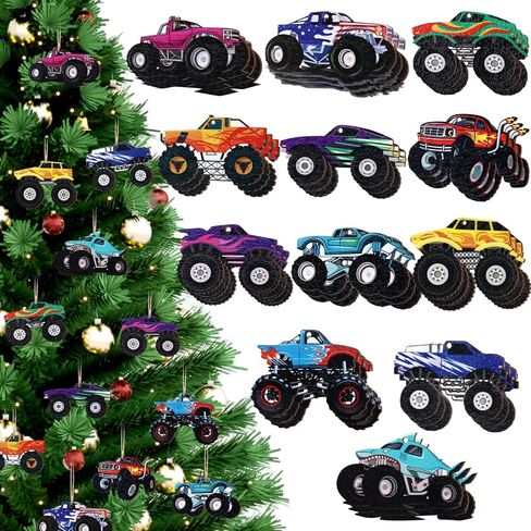 36 Pcs Christmas Wood Ornaments Set Wood Vehicle Ornaments Wooden Construction Ornaments Flat Monster Truck Hanging Decor Signs for Xmas Tree Holiday Party Supplies Decoration(Monster Truck) in Saudi Arabia