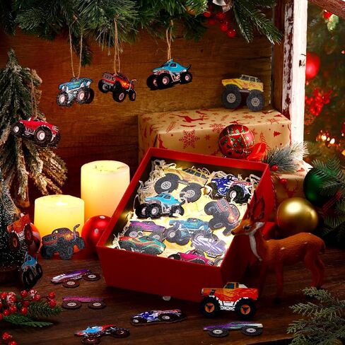 36 Pcs Christmas Wood Ornaments Set Wood Vehicle Ornaments Wooden Construction Ornaments Flat Monster Truck Hanging Decor Signs for Xmas Tree Holiday Party Supplies Decoration(Monster Truck) in Saudi Arabia