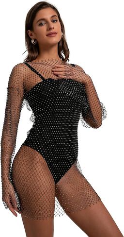Women Sexy Sheer Mesh Rhinestone Crop Top - Mesh Body Chains See Through Cover up Sparkly Glitter Shirt Party Club Wear in Kuwait