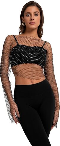 Women Sexy Sheer Mesh Rhinestone Crop Top - Mesh Body Chains See Through Cover up Sparkly Glitter Shirt Party Club Wear in Kuwait
