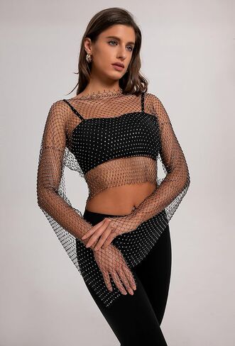 Women Sexy Sheer Mesh Rhinestone Crop Top - Mesh Body Chains See Through Cover up Sparkly Glitter Shirt Party Club Wear in Kuwait