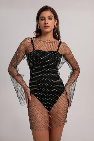 Women Sexy Sheer Mesh Rhinestone Crop Top - Mesh Body Chains See Through Cover up Sparkly Glitter Shirt Party Club Wear in Kuwait