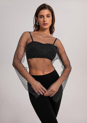 Women Sexy Sheer Mesh Rhinestone Crop Top - Mesh Body Chains See Through Cover up Sparkly Glitter Shirt Party Club Wear in Kuwait