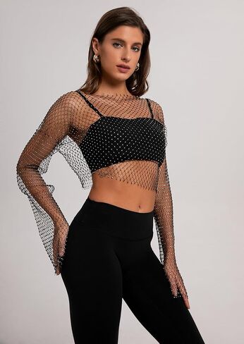 Women Sexy Sheer Mesh Rhinestone Crop Top - Mesh Body Chains See Through Cover up Sparkly Glitter Shirt Party Club Wear in Kuwait