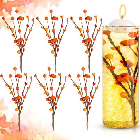 6 قطع من حشوات مزهرية من الزهور الاصطناعية من Giegxin للشموع مع 10000 خرزة من جل الماء، فرع التوت اليقطين الصناعي لعيد الشكر في ديكور الطاولة وحفلات عطلة الخريف in Kuwait