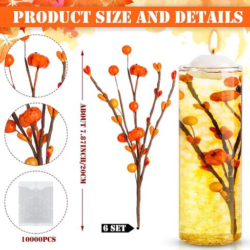 6 قطع من حشوات مزهرية من الزهور الاصطناعية من Giegxin للشموع مع 10000 خرزة من جل الماء، فرع التوت اليقطين الصناعي لعيد الشكر في ديكور الطاولة وحفلات عطلة الخريف in Kuwait