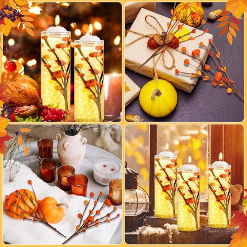 6 قطع من حشوات مزهرية من الزهور الاصطناعية من Giegxin للشموع مع 10000 خرزة من جل الماء، فرع التوت اليقطين الصناعي لعيد الشكر في ديكور الطاولة وحفلات عطلة الخريف in Kuwait