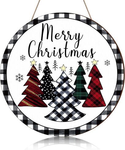 Gerrii Merry Christmas Hanging Sign Decorations Merry Christmas Front Door Wood Sign with Watercolor Buffalo Plaid Christmas Hanging Xmas Ornaments for Home Wall Decor (Round Style) in Saudi Arabia