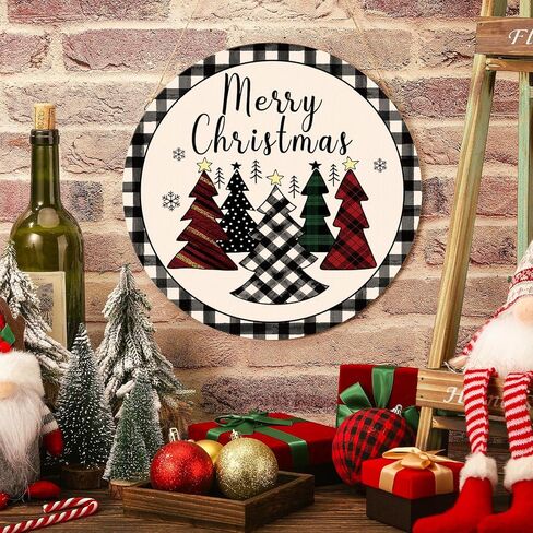 Gerrii Merry Christmas Hanging Sign Decorations Merry Christmas Front Door Wood Sign with Watercolor Buffalo Plaid Christmas Hanging Xmas Ornaments for Home Wall Decor (Round Style) in Saudi Arabia
