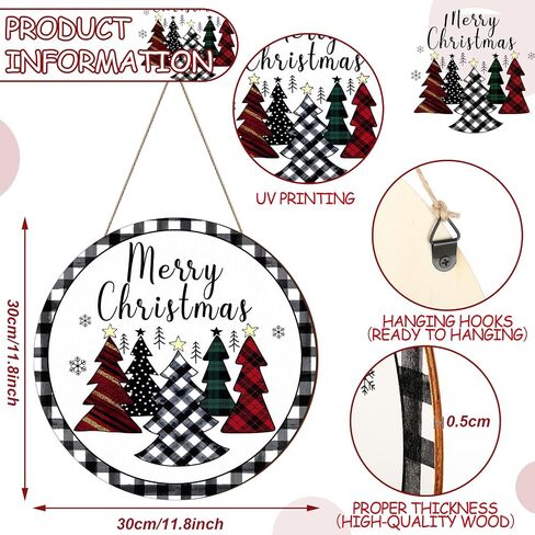 Gerrii Merry Christmas Hanging Sign Decorations Merry Christmas Front Door Wood Sign with Watercolor Buffalo Plaid Christmas Hanging Xmas Ornaments for Home Wall Decor (Round Style) in Saudi Arabia