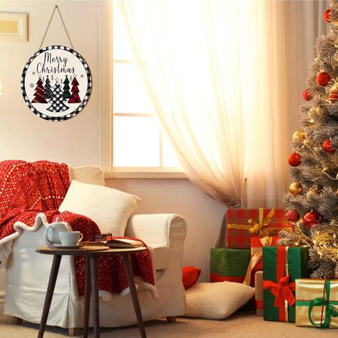 Gerrii Merry Christmas Hanging Sign Decorations Merry Christmas Front Door Wood Sign with Watercolor Buffalo Plaid Christmas Hanging Xmas Ornaments for Home Wall Decor (Round Style) in Saudi Arabia