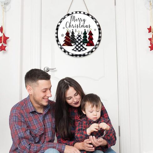 Gerrii Merry Christmas Hanging Sign Decorations Merry Christmas Front Door Wood Sign with Watercolor Buffalo Plaid Christmas Hanging Xmas Ornaments for Home Wall Decor (Round Style) in Saudi Arabia