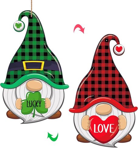 WaaHome الوردي عيد الحب علامة ترحيب وإكليل عيد القديس باتريك الأخضر لديكور الباب الأمامي مزرعة جنوم معلقة زينة الباب، عيد الحب وسانت باتريك ترحيب علامة الباب شماعات للمنزل in Kuwait