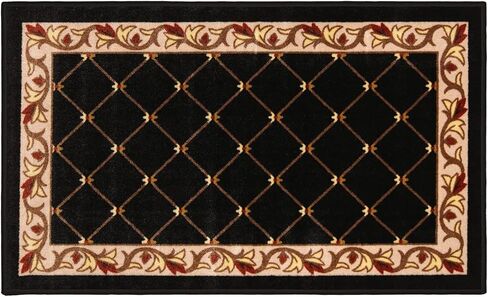 سجادة أرضية سجادة مقاومة للانزلاق للمنزل والمنزل والمزيد - شبكة تقليدية بحدود زهرية - أسود أبنوسي - 3 أقدام × 3 أقدام in Kuwait