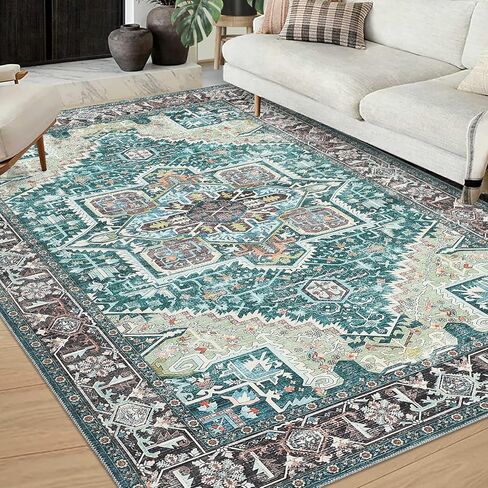 Vintage Area Rug 6x9 Washable Rug Non Slip Vintage Distressed Carpet Ultra-Thin Low Pile Traditional Floor Cover Oriental Medallion Throw Rugs for Living Room Bedroom Dinning Room Teal in Kuwait