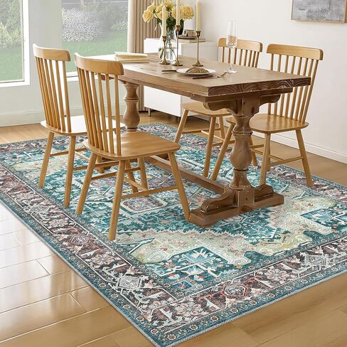 Vintage Area Rug 6x9 Washable Rug Non Slip Vintage Distressed Carpet Ultra-Thin Low Pile Traditional Floor Cover Oriental Medallion Throw Rugs for Living Room Bedroom Dinning Room Teal in Kuwait