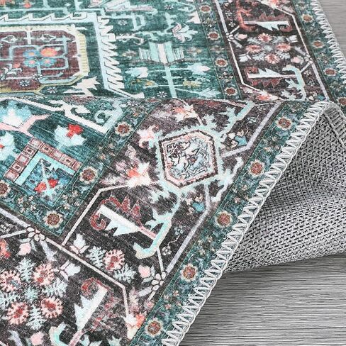 Vintage Area Rug 6x9 Washable Rug Non Slip Vintage Distressed Carpet Ultra-Thin Low Pile Traditional Floor Cover Oriental Medallion Throw Rugs for Living Room Bedroom Dinning Room Teal in Kuwait