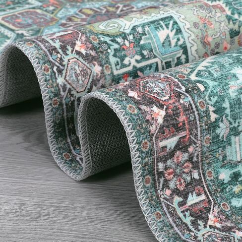 Vintage Area Rug 6x9 Washable Rug Non Slip Vintage Distressed Carpet Ultra-Thin Low Pile Traditional Floor Cover Oriental Medallion Throw Rugs for Living Room Bedroom Dinning Room Teal in Kuwait
