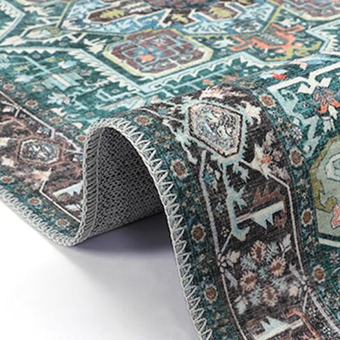 Vintage Area Rug 6x9 Washable Rug Non Slip Vintage Distressed Carpet Ultra-Thin Low Pile Traditional Floor Cover Oriental Medallion Throw Rugs for Living Room Bedroom Dinning Room Teal in Kuwait