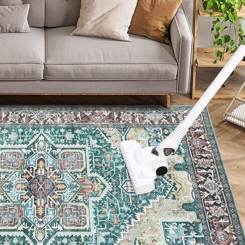 Vintage Area Rug 6x9 Washable Rug Non Slip Vintage Distressed Carpet Ultra-Thin Low Pile Traditional Floor Cover Oriental Medallion Throw Rugs for Living Room Bedroom Dinning Room Teal in Kuwait