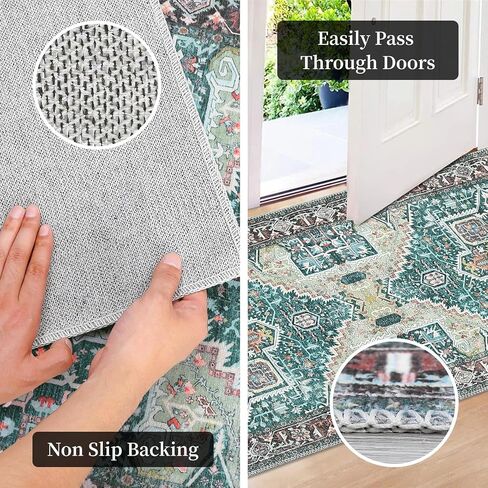 Vintage Area Rug 6x9 Washable Rug Non Slip Vintage Distressed Carpet Ultra-Thin Low Pile Traditional Floor Cover Oriental Medallion Throw Rugs for Living Room Bedroom Dinning Room Teal in Kuwait