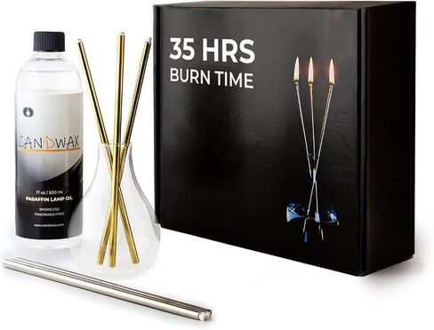 CANDWAX Refillable Candle - Glass Oil Candle Gift Set with Liquid Paraffin Bottle 17oz, Funnel and 2 Sets of Metal Wicks Gold and Silver - Everlasting Candle Ideal as Decorative Candles in Saudi Arabia
