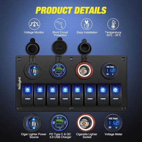 Nilight - 90118H 5 Gang Rocker Switch Panel Pre-Wired Aluminum Switch Panel with Dual USB Cigarette Lighter Socket Voltmeter12V-24V DC Switch Panel with Night Glow Stickers for Cars Rvs Trucks in Saudi Arabia