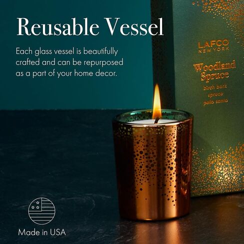 LAFCO New York 2024 Holiday Votive Candle, Woodland Spruce - 1.9 oz - 20-Hour Burn Time - Reusable, Decorative Glass Vessel - Made in The USA in Kuwait