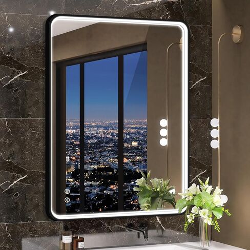 مرآة حمام SBAGNO LED مع أضواء، مرايا مضاءة LED لجدار الحمام، مرآة زينة مضاءة مضادة للضباب مقاس 24 × 32 بوصة، مرآة حائط LED مضاءة قابلة للتعتيم، مضادة للضباب، مقاومة للكسر، 2700K/4000K/6000K in Kuwait