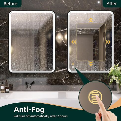 مرآة حمام SBAGNO LED مع أضواء، مرايا مضاءة LED لجدار الحمام، مرآة زينة مضاءة مضادة للضباب مقاس 24 × 32 بوصة، مرآة حائط LED مضاءة قابلة للتعتيم، مضادة للضباب، مقاومة للكسر، 2700K/4000K/6000K in Kuwait