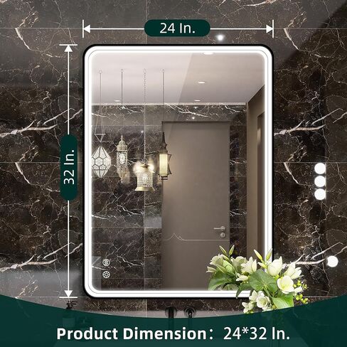 مرآة حمام SBAGNO LED مع أضواء، مرايا مضاءة LED لجدار الحمام، مرآة زينة مضاءة مضادة للضباب مقاس 24 × 32 بوصة، مرآة حائط LED مضاءة قابلة للتعتيم، مضادة للضباب، مقاومة للكسر، 2700K/4000K/6000K in Kuwait