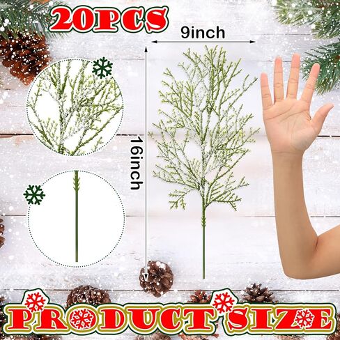 20 قطعة 40.64 سم من فروع خشب الأرز الاصطناعي الثلجي لعيد الميلاد من أوراق الصنوبر الصناعي لتزيين سيقان الصنوبر الخضراء الطويلة من أجل تزيين طاولة مزهرية حديقة المنزل (نمط أخضر وأبيض) in Kuwait